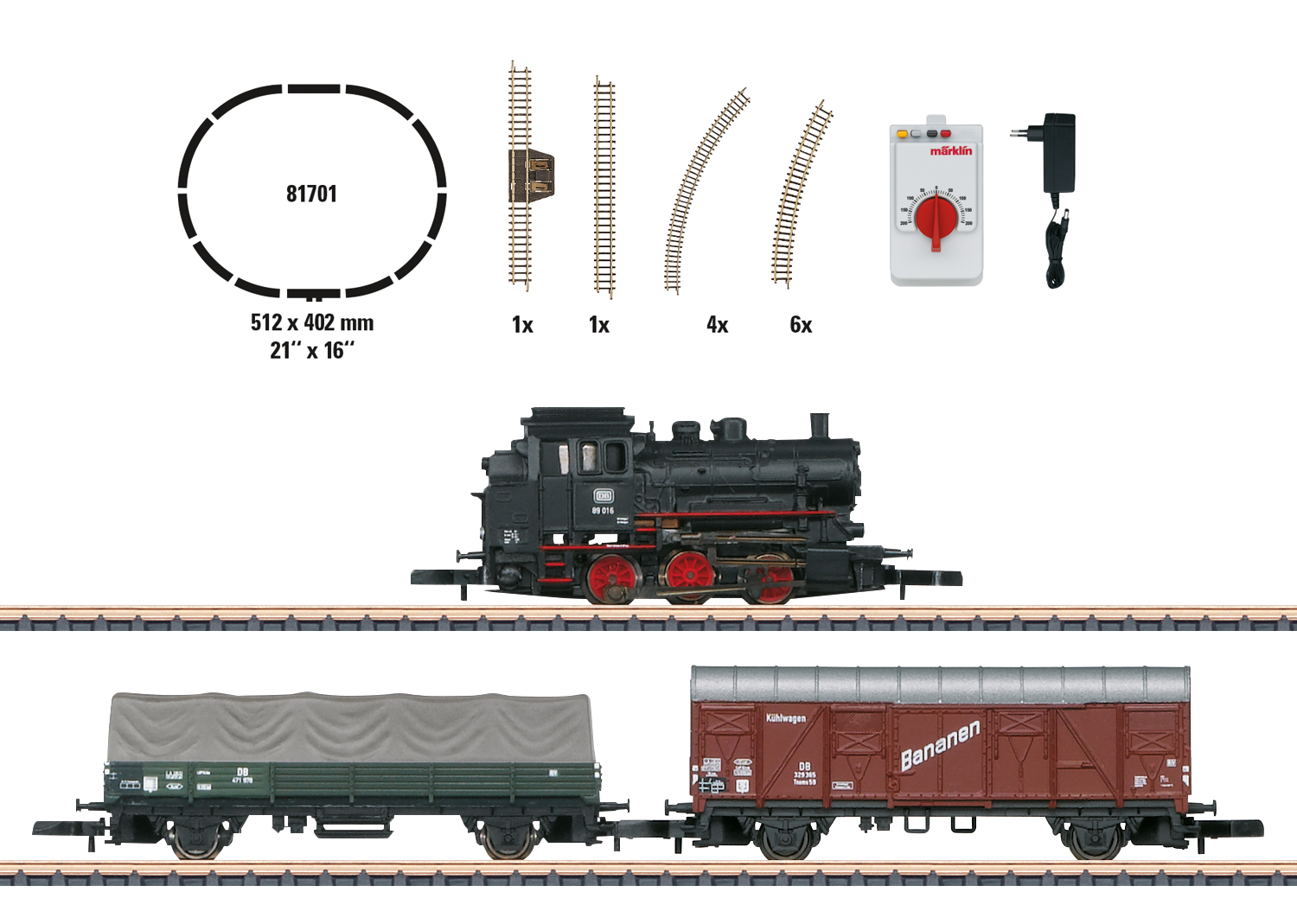 Coffret de départ "Train marchandises" avec locomotive à vapeur BR 89, ovale de voie, régulateur de marche, alimentation en courant.